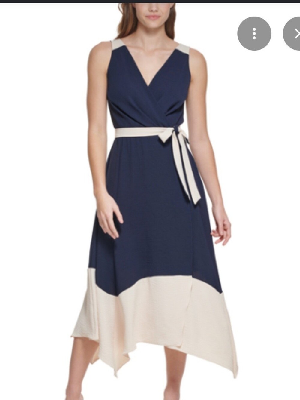 DKNY Sleeveless Navy and Cream Wrap Midi Dress with Belt